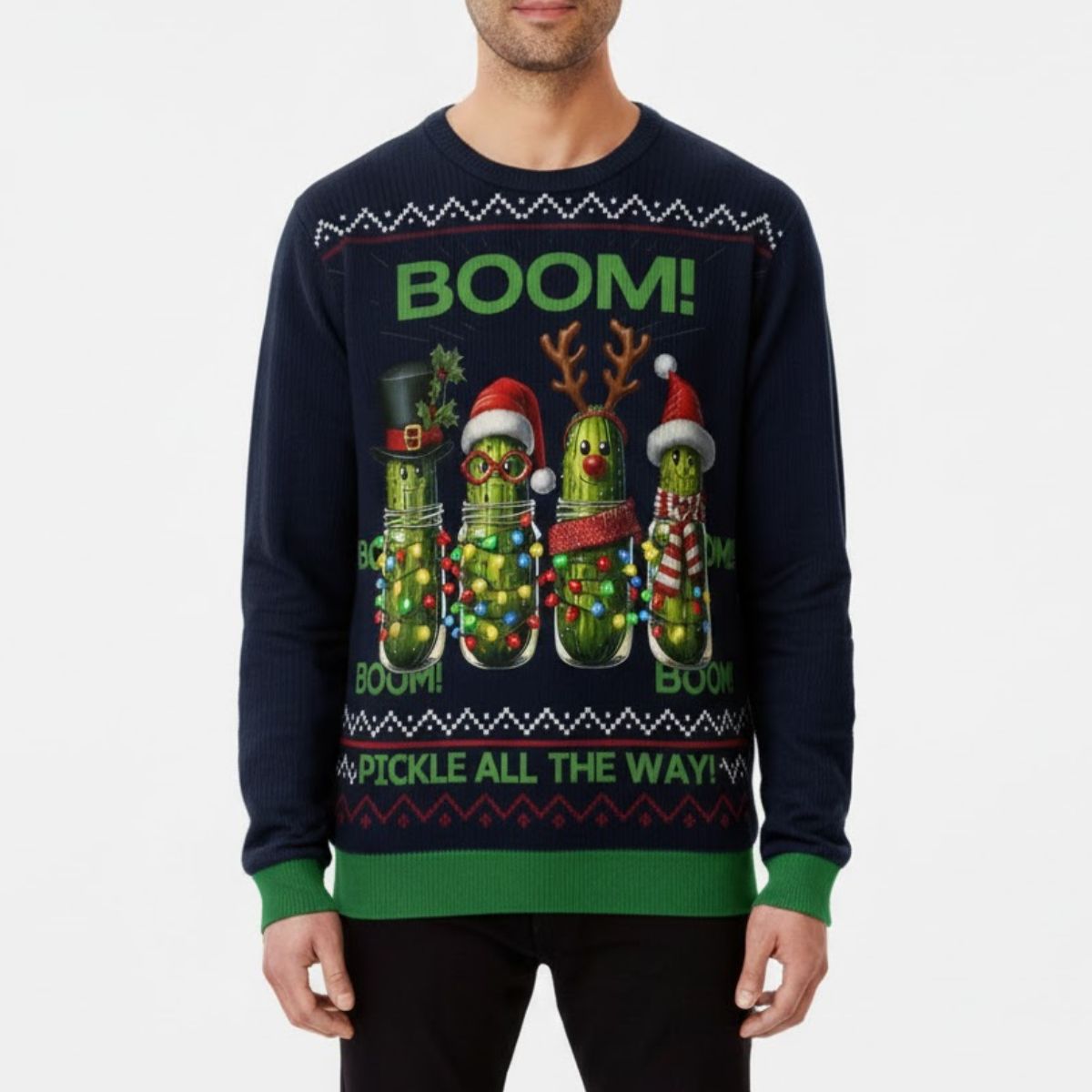 Boom Pickle All The Way Ugly Christmas Sweater