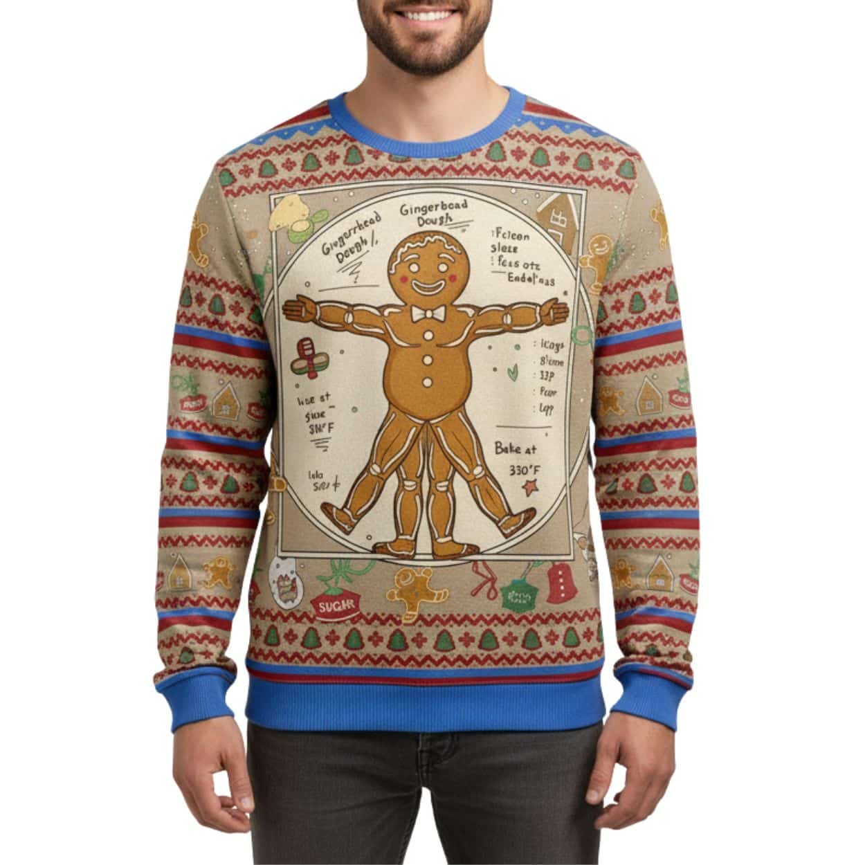 Gingerbread Man Vitruvian Recipe Ugly Christmas Sweater