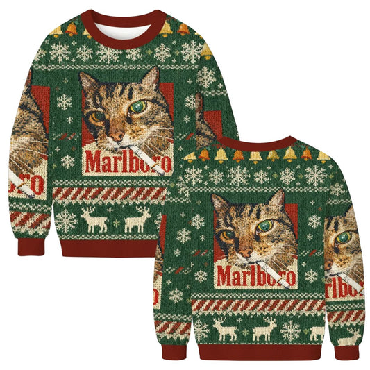 Green Marlboro Cat Smoking Ugly Christmas Sweater