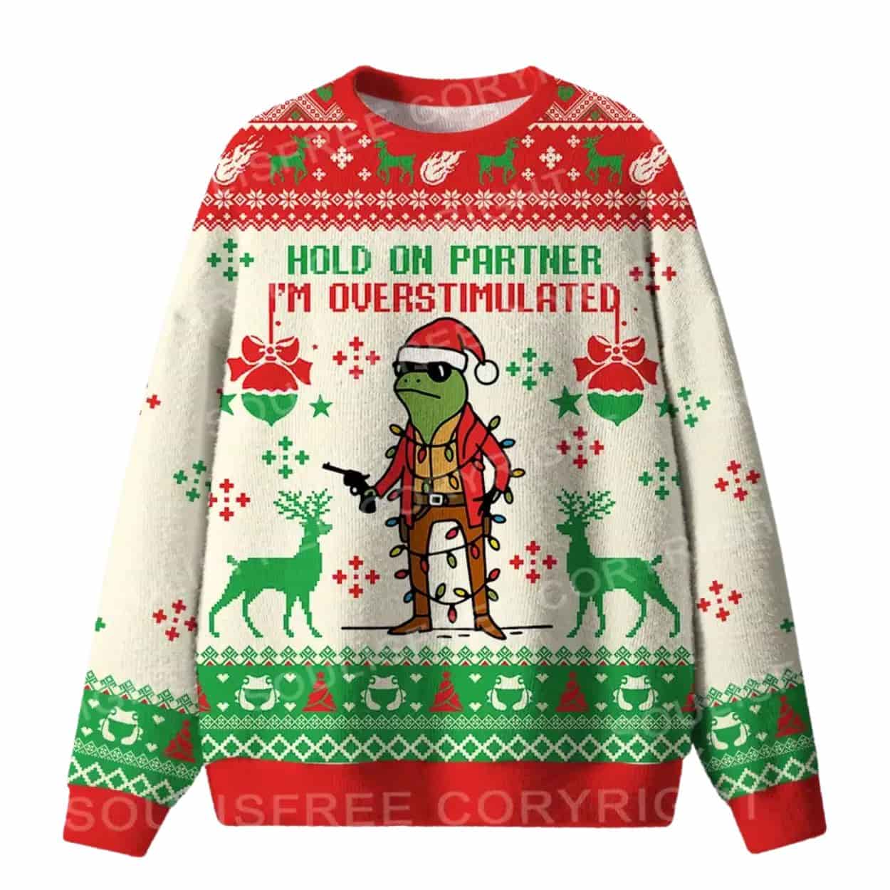 Hold On Partner I’m Overstimulated Ugly Christmas Sweater