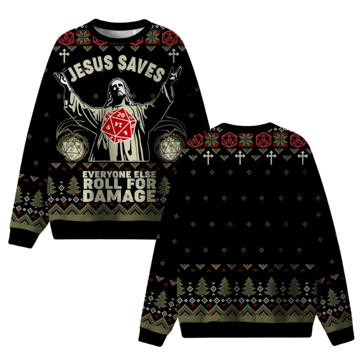 Jesus Saves Everyone Else Roll For Damage Ugly Christmas Sweater