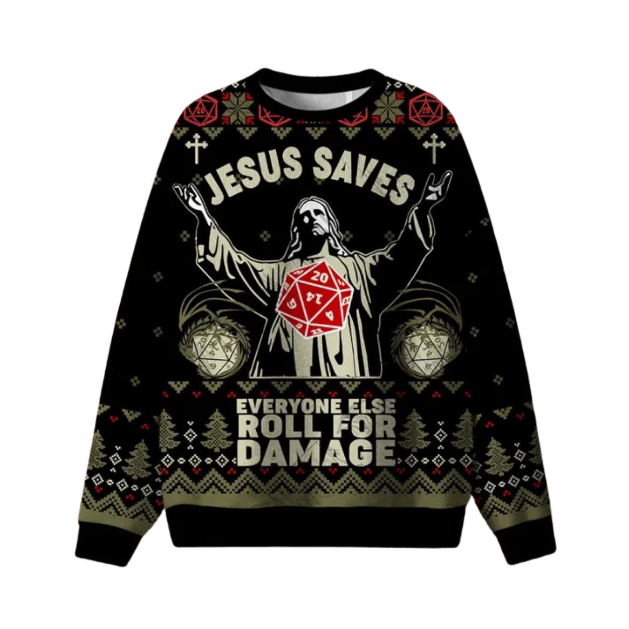 Jesus Saves Everyone Else Roll For Damage Ugly Christmas Sweater