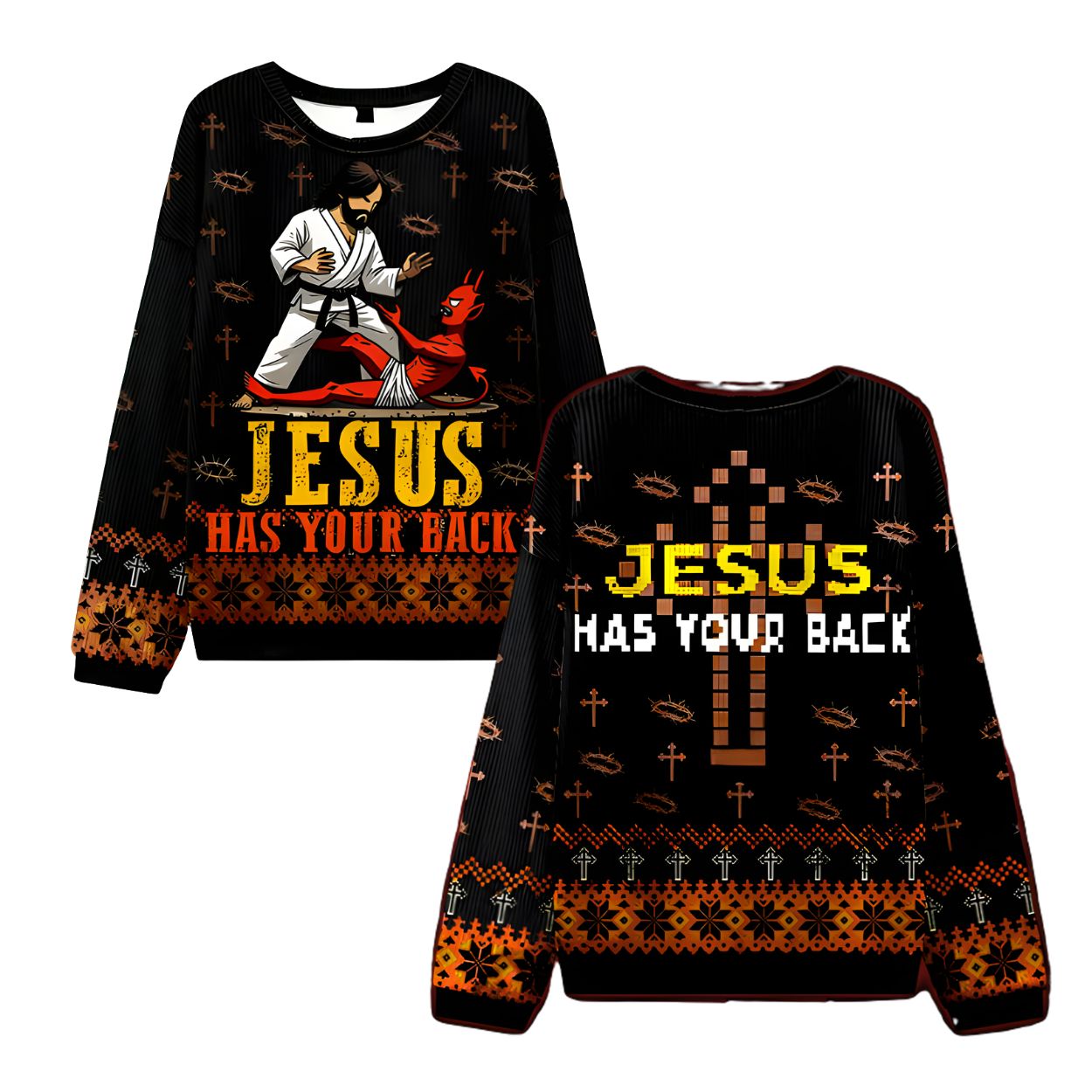 Jesus vs Devil Has Your Back Ugly Christmas Sweater