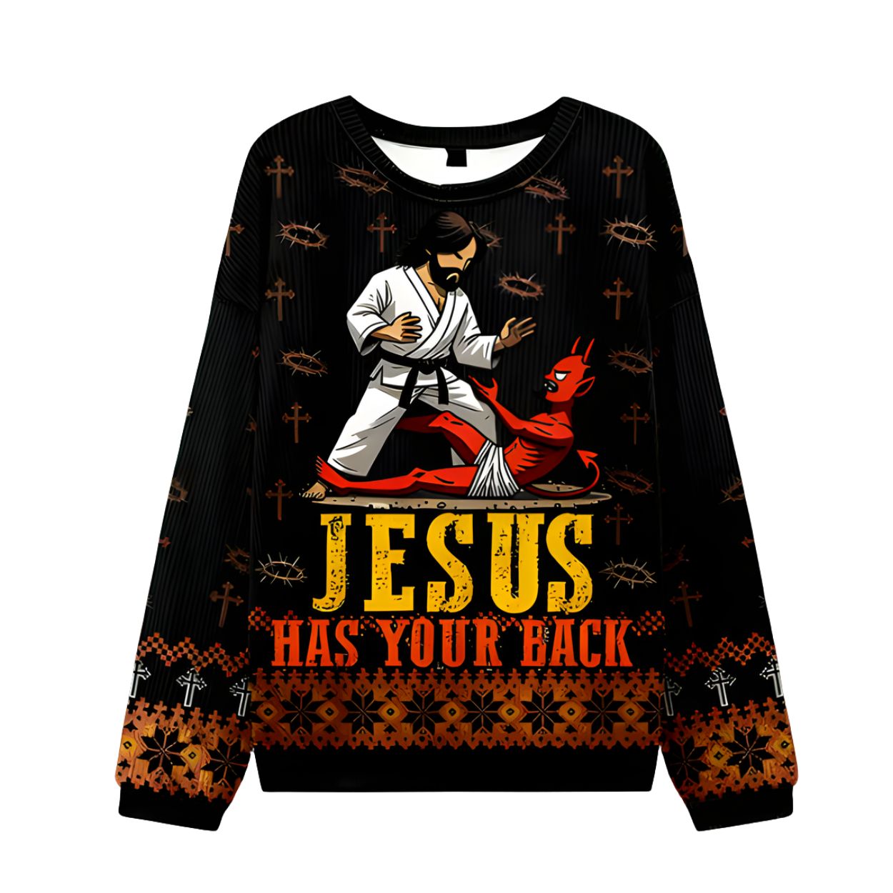 Jesus vs Devil Has Your Back Ugly Christmas Sweater