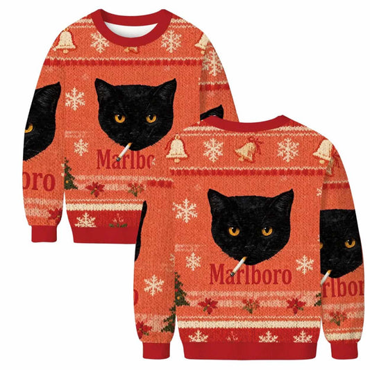 Marlboro Black Cat Smoking Christmas Ugly Sweater