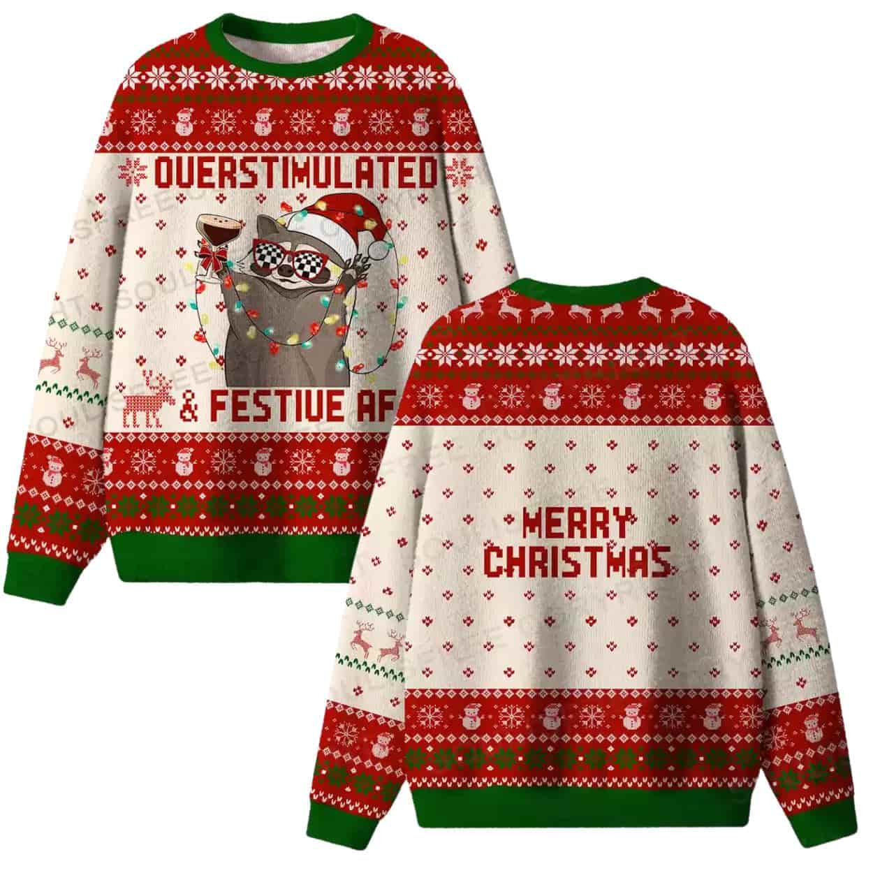 Overstimulated & Festive AF Raccoon Ugly Christmas Sweater