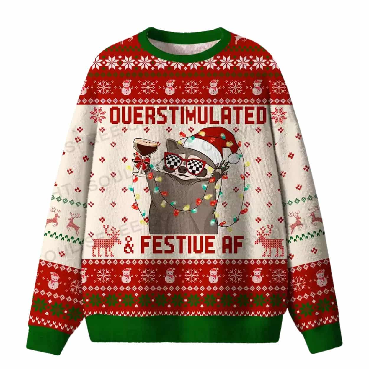 Overstimulated & Festive AF Raccoon Ugly Christmas Sweater