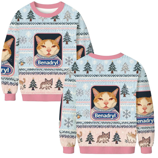 Pink Benadryl Meme Cat Ugly Christmas Sweater