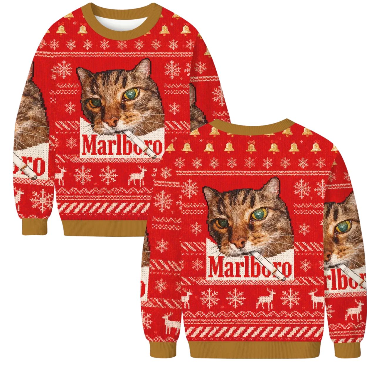 Red Marlboro Cat Smoking Ugly Christmas Sweater