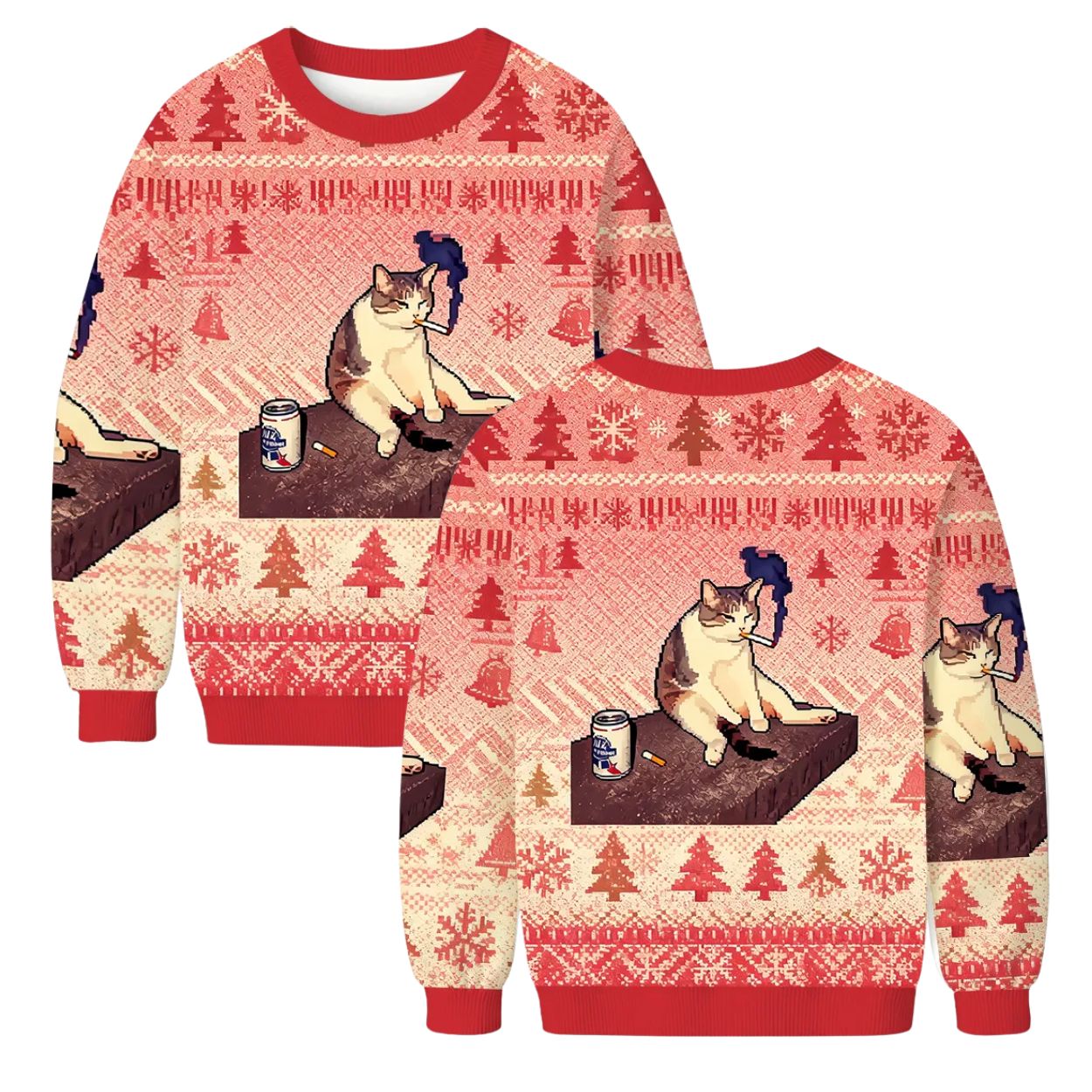 Smoking Cat Pabst Blue Ribbon Christmas Ugly Sweater