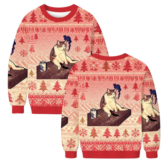 Smoking Cat Pabst Blue Ribbon Christmas Ugly Sweater