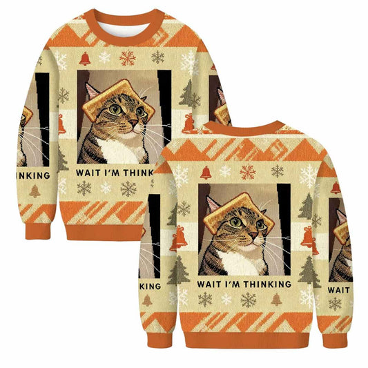 Wait I’m Thinking Cat Toast Funny Ugly Christmas Sweater